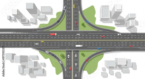 Aerial View of a Complex Highway Interchange with City Buildings.