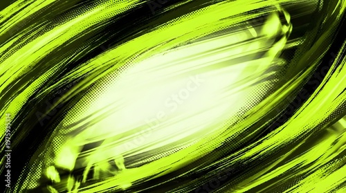Abstract dynamic green streaks converge towards a bright central light suggesting energy and motion