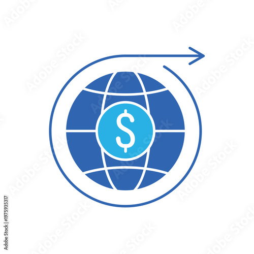 icon a linear economy with globe dollar currency and outgoing arrow, isolated against a clean background.