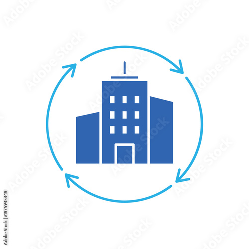 icon a remanufacturing with building and circular update arrows, isolated against a clean background.