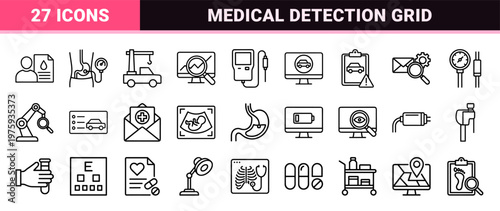 Diagnostic and detection line icons for healthcare and automotive service
