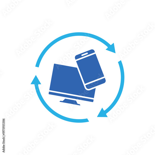 icon an e-waste with monitor smartphone and circular refresh arrows, isolated against a clean background.