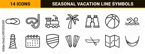 Minimalist summer travel and beach vacation outline icon set.