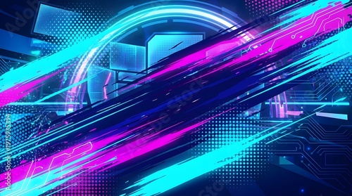A futuristic abstract digital design with vibrant neon light streaks and circuit patterns