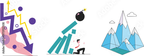 Business Risk and Challenge Illustration Set with Falling Graph, Economic Crisis, Obstacle Concept, Failure Prevention, and Financial Problem Solving Design