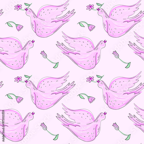 Gentle pink dove seamless pattern with hand drawn flowers and petals, ideal for wallpaper, fabric, wrapping paper, stationery and digital backgrounds conveying peace, love and spring vibes