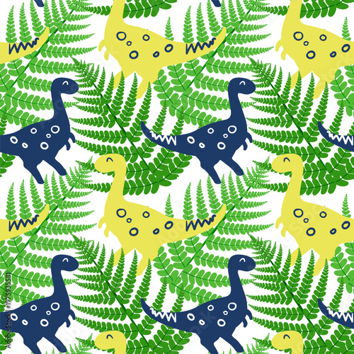 Colorful seamless pattern of cute cartoon dinosaurs among tropical fern leaves, a playful repeating design ideal for kids fabric, wallpaper, stationery, packaging and digital backgrounds