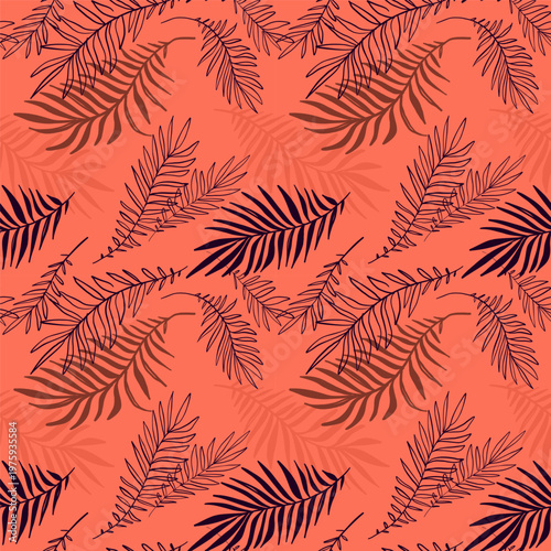 Seamless tropical palm leaf pattern on teal background, minimalist botanical repeat design ideal for wallpaper fabric print stationery summer decor packaging and nature-inspired digital backgrounds