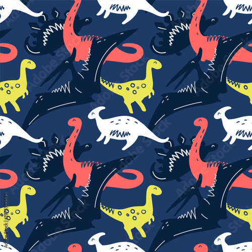 Colorful seamless dinosaur pattern featuring playful cartoon prehistoric creatures in navy, coral, lime and white tones, perfect for children’s textiles, wallpaper, stationery and digital backgrounds
