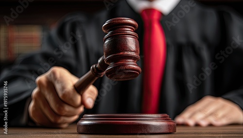 A judge in robes holds a wooden gavel over a sounding block
