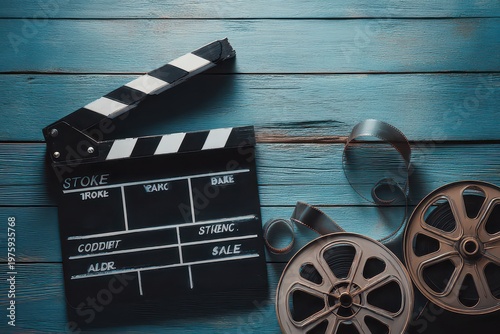Classic film clapperboard and vintage movie reels arranged on a wet blue wooden surface reflecting light creating a dramatic cinematic atmosphere for filmmaking and storytelling