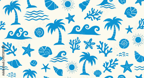 Tropical beach seamless pattern vector, blue summer vacation icons on white background, nautical sea life wallpaper with palm trees and ocean waves