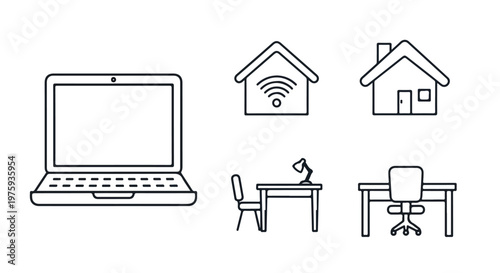 Remote work line icon set, laptop and home office workspace symbols, freelance and telecommuting vector elements for business interface