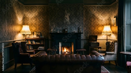 A luxurious vintage lounge room with a roaring fireplace and warm lamplight creating a cozy ambiance
