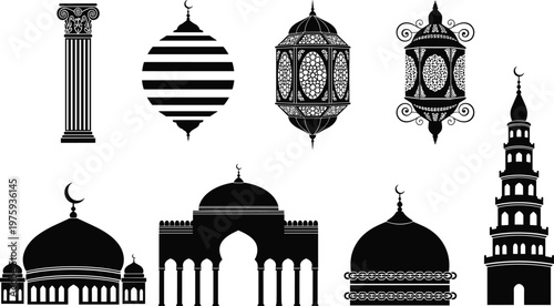Islamic architecture silhouettes set with mosque domes, minarets, lanterns, and pillars isolated on white background, black vector icons for Ramadan Kareem and Eid Mubarak design.