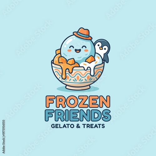 A delightful cartoon depicting a cheerful ice cream cone wearing a hat in a bowl, accompanied by a cute penguin, ideal for gelato shop branding and marketing materials.