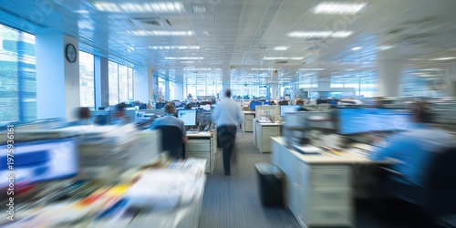 Busy modern open plan office with blurred motion of employees working at desks under bright ceiling lights and large windows showcasing city view