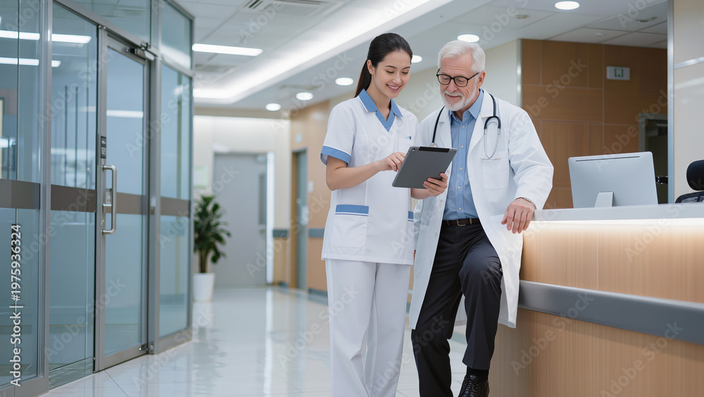 Fototapeta premium Doctor and Nurse Collaborating on Digital Tablet in Hospital Hallway