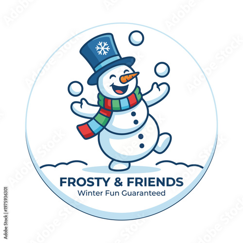 A whimsical snowman wearing a top hat and scarf embodies winter cheer, making it a great logo for brands dedicated to winter sports and festive activities.