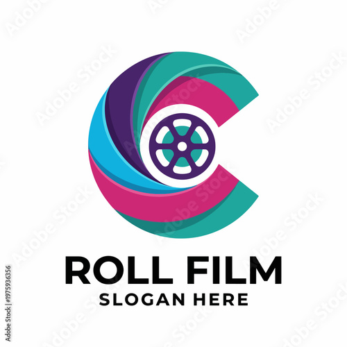 A colorful logo featuring a film reel represents the excitement of cinema, perfect for businesses in the film industry or entertainment sector.