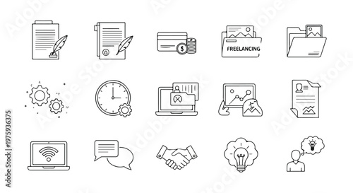 Minimalist business line icons set, professional finance and management vector elements, corporate office and productivity symbols for web design