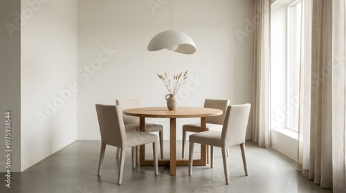 Minimalist dining room interior with a round wooden table comfortable chairs and soft natural light from a window
