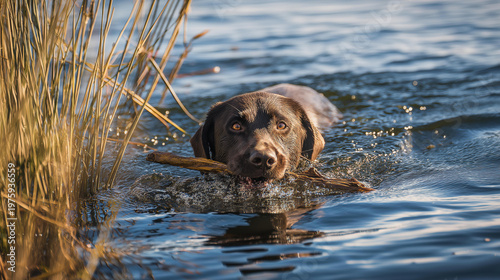 Chocolate Labrador dog swimming toward shore in outdoor water, retrieving a training dummy as reeds bend along the shoreline