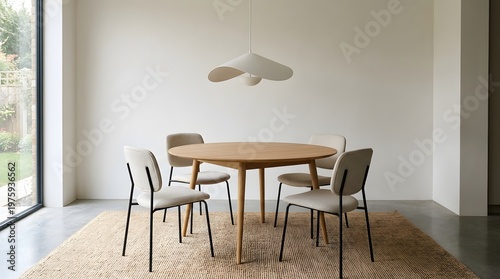 A modern dining room featuring a round wooden table four chairs and a stylish pendant light set in a bright minimalist interior with large