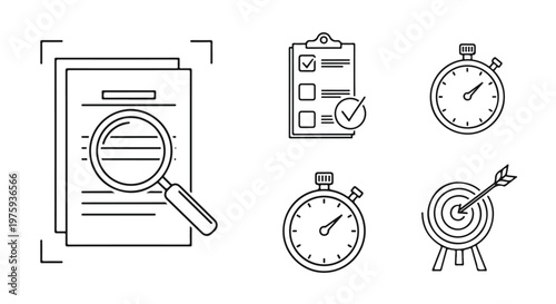 Minimalist business productivity icons set, black line vector elements for project management, document audit and time tracking symbols