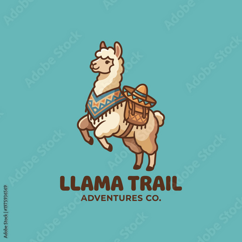 A cute and adventurous llama character adorned with an artistic saddle, perfect for a travel or adventure company focused on unique experiences in nature.