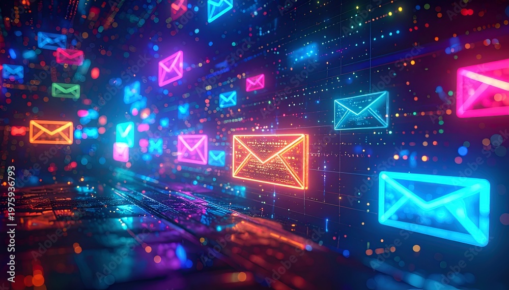 Fototapeta premium Digital communication background with colorful email symbols, representing online messaging and connectivity.
