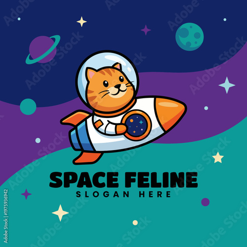 This adorable illustration showcases a charming cat in space, equipped with a helmet, joyfully riding a rocket among vibrant stars and planets, epitomizing adventure and curiosity.