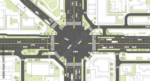 Aerial View of a Busy Intersection with Cars and Crosswalks.