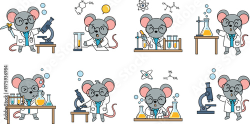 Cute Mouse Scientist Illustration Set with Laboratory Experiments, Microscope, Chemistry Equipment, Research Activities, Science Education, and Cartoon Character Learning Concepts