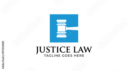 Vector graphic illustration of justice law logo with gavel and blue square design element for legal services
