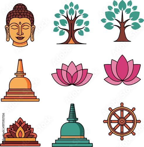  Buddhism and Zen meditation icon set 