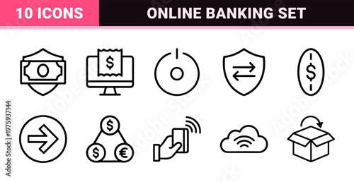 Digital payment icons set with thin line symbols for banking and finance.