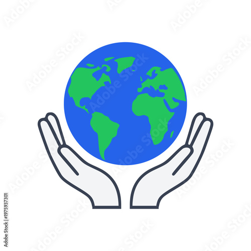 Minimal earth care hands icon with simple globe and supporting hands. Clean flat SVG design ideal for sustainability, environmental protection, eco campaigns, and global care concepts.