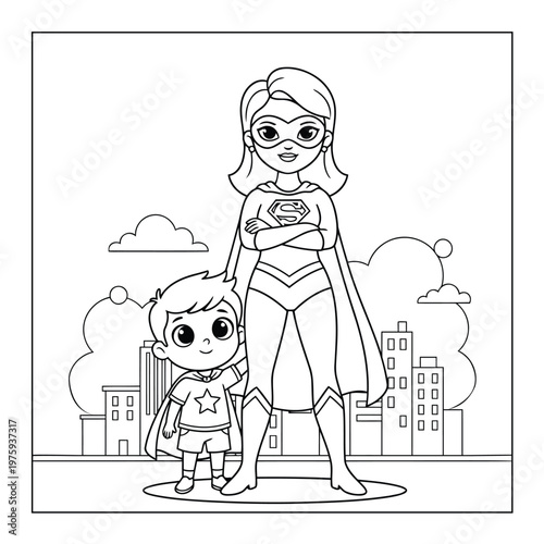 Superhero mother standing proudly with child in city background inspiring strength coloring page