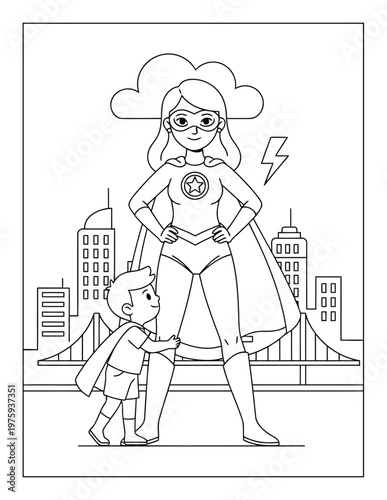 Superhero mother standing strong in city with child admiring her courage coloring page