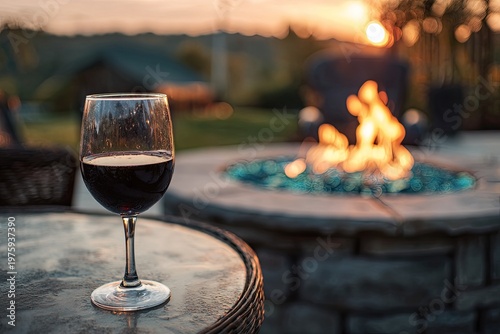 Cozy evening with wine by a warm fire pit, glowing at sunset