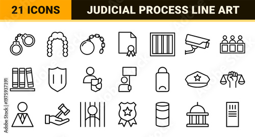Minimalist legal and justice system icon set in black outline style.