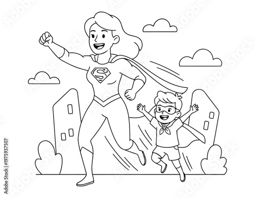 Superhero mom and child running together in city action coloring page