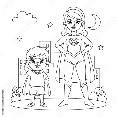 Superhero mother and boy standing proudly in city night coloring page scene