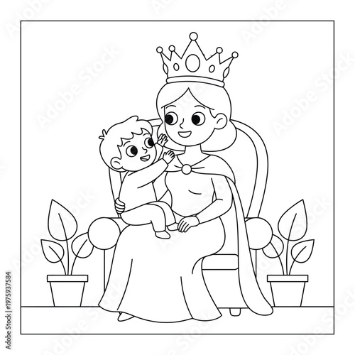 Queen mother holding baby with crown on throne heartwarming coloring page scene