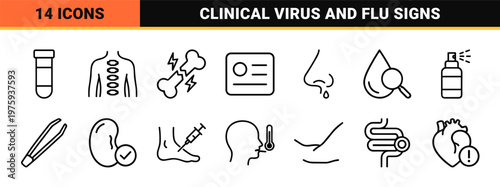 Medical disease and flu symptoms outline icon set
