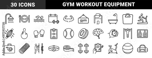 Fitness and workout equipment minimalist line icons set