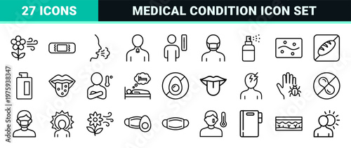 Minimalist medical and allergy symptoms line icon set
