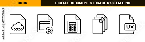 Minimalist document and file management outline icons for office administration