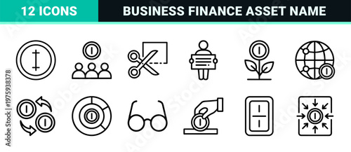 Minimalist business and finance outline icon set in black line style.